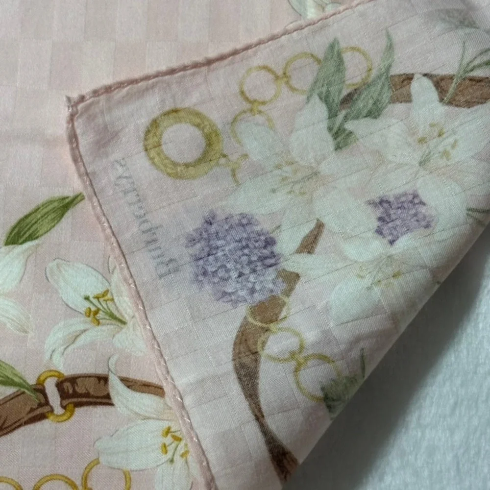 Vtg BURBERRYS Scarf Handkerchief Floral Chain Belt Print Pink Cotton 19x19